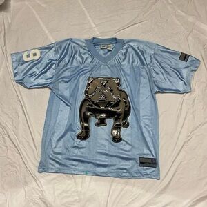 Y2k light blue foot ball jersey with bull dog